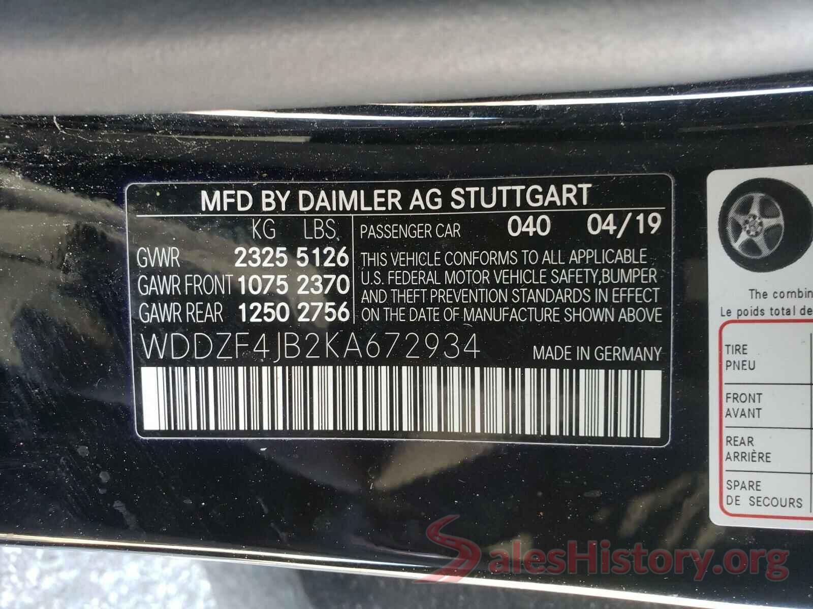 WDDZF4JB2KA672934 2019 MERCEDES-BENZ E CLASS