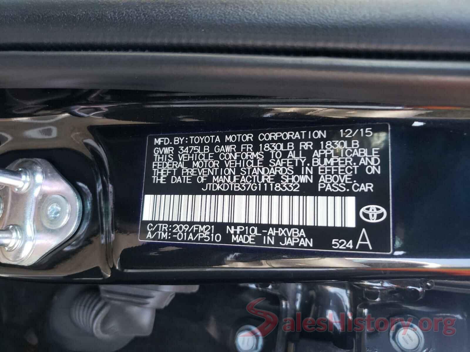 JTDKDTB37G1118332 2016 TOYOTA PRIUS