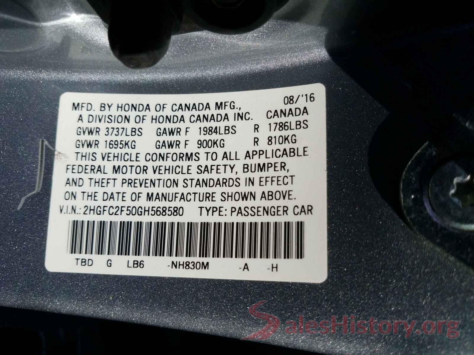 2HGFC2F50GH568580 2016 HONDA CIVIC