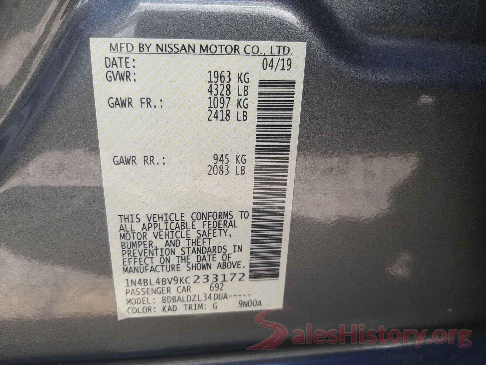 1N4BL4BV9KC233172 2019 NISSAN ALTIMA