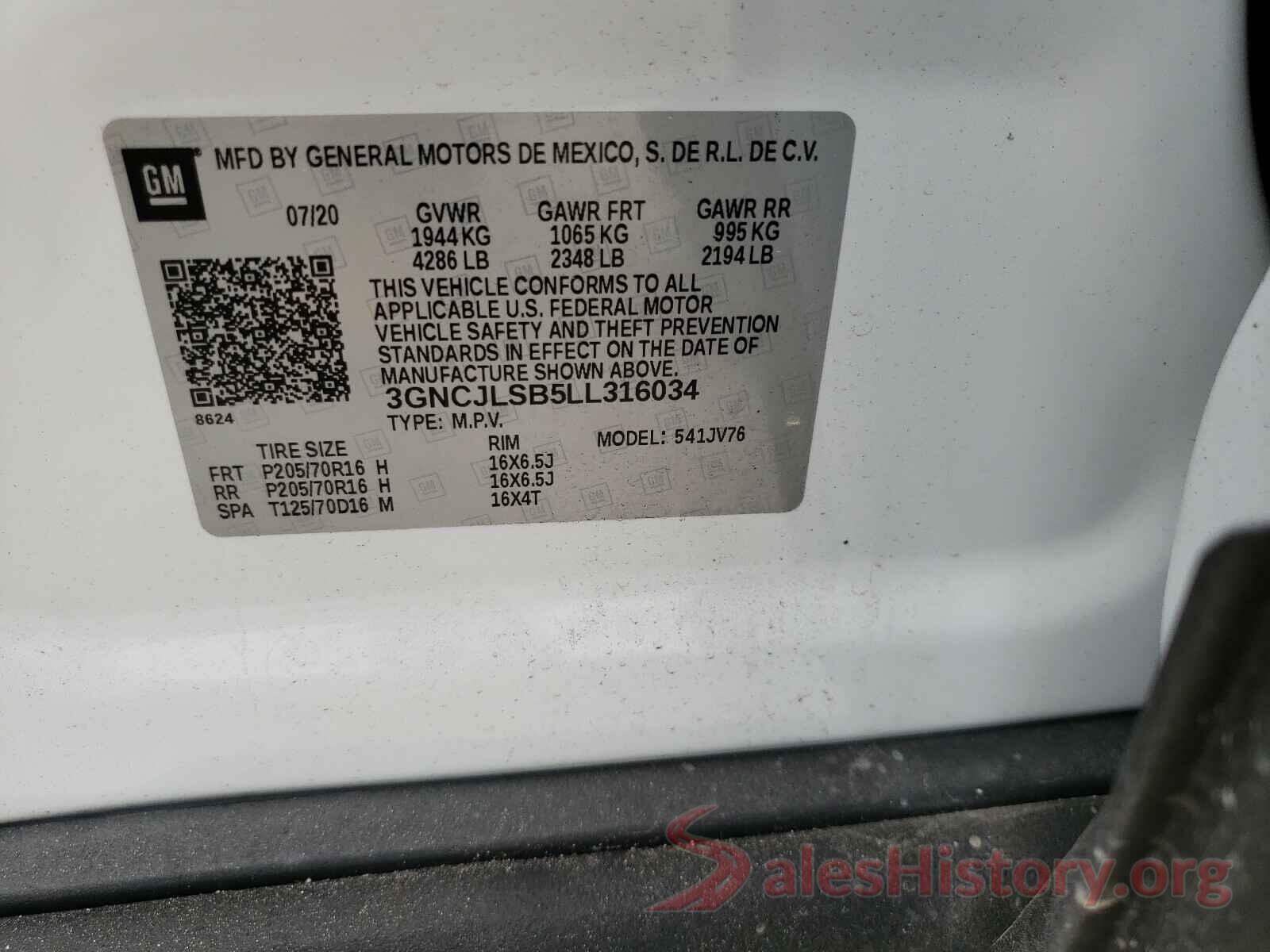 3GNCJLSB5LL316034 2020 CHEVROLET TRAX