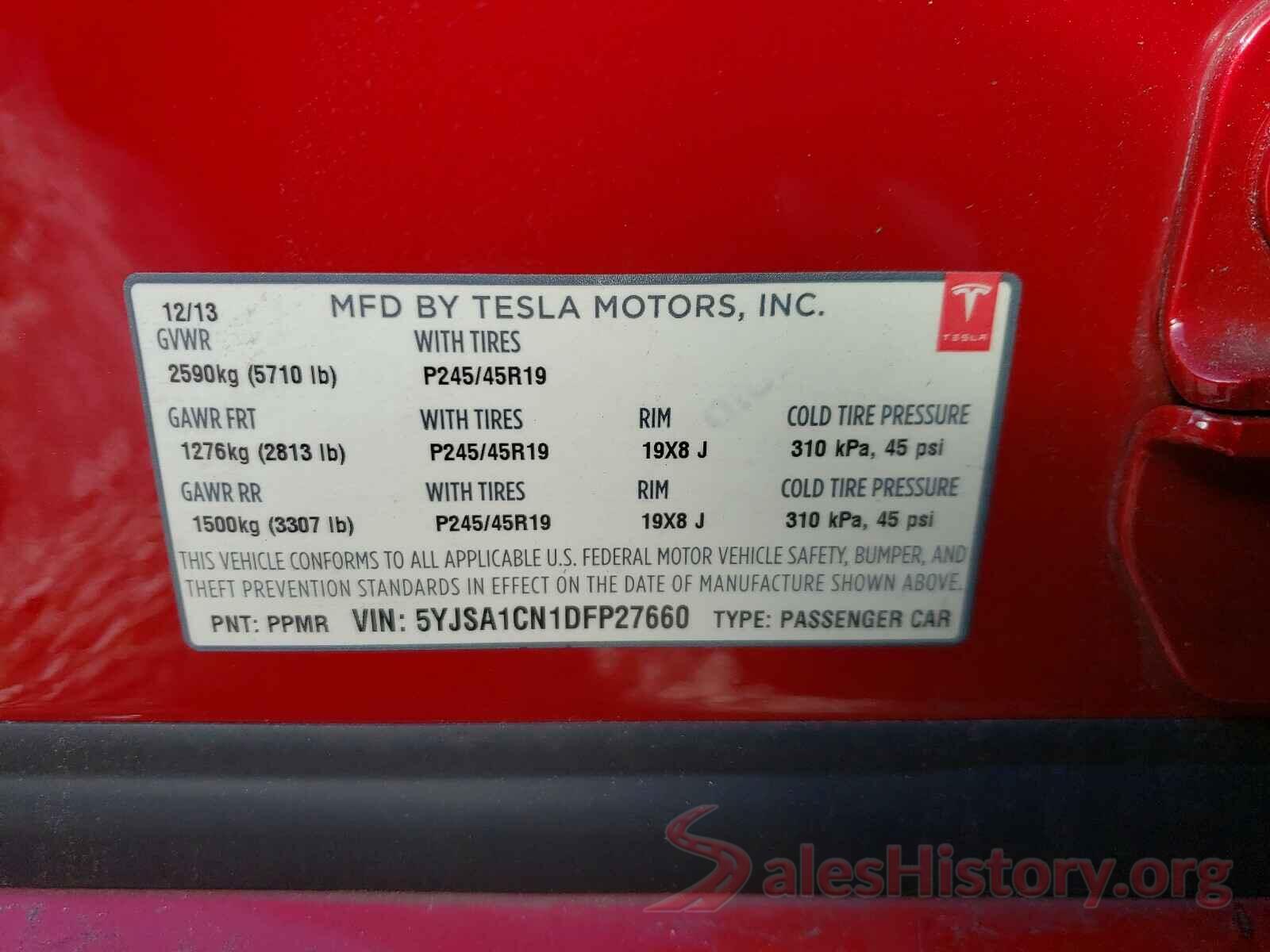 5YJSA1CN1DFP27660 2013 TESLA MODEL S