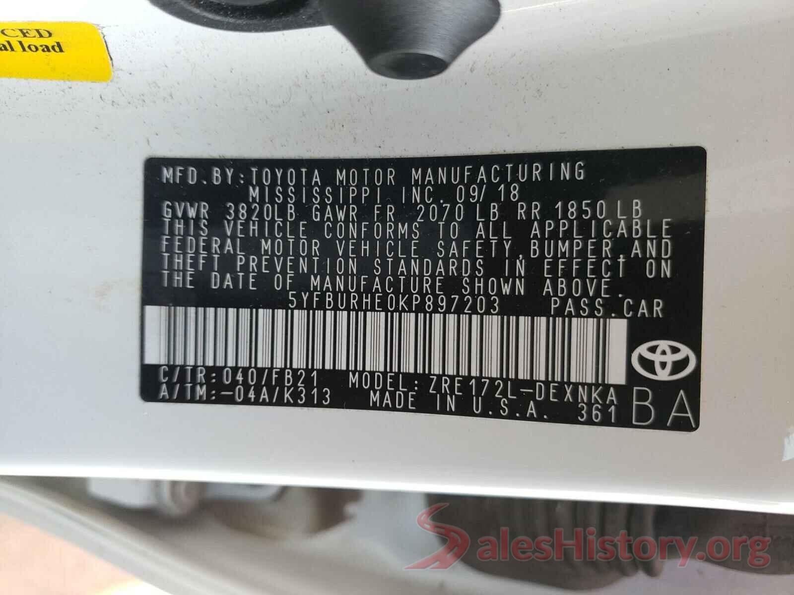 5YFBURHE0KP897203 2019 TOYOTA COROLLA