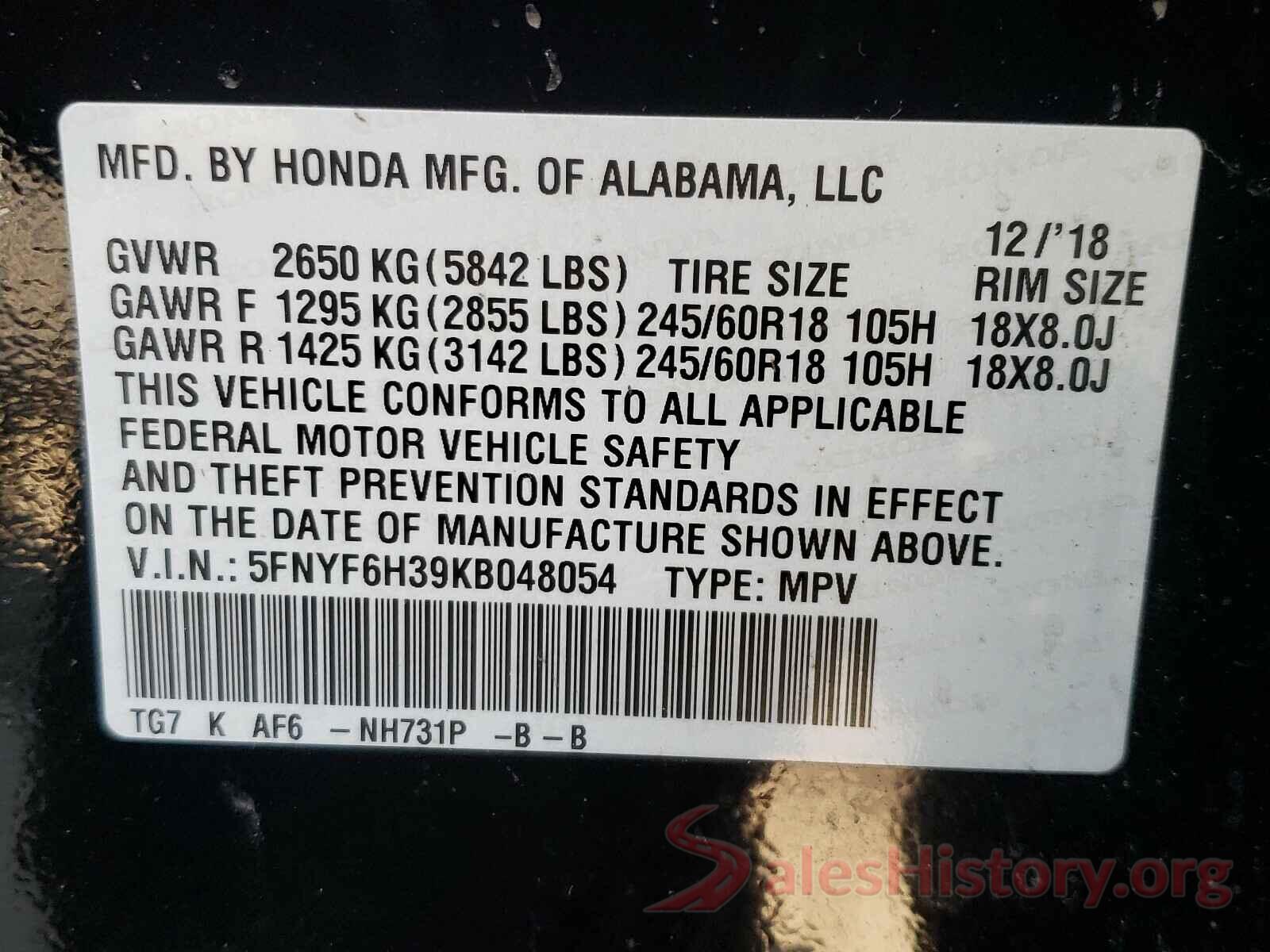 5FNYF6H39KB048054 2019 HONDA PILOT