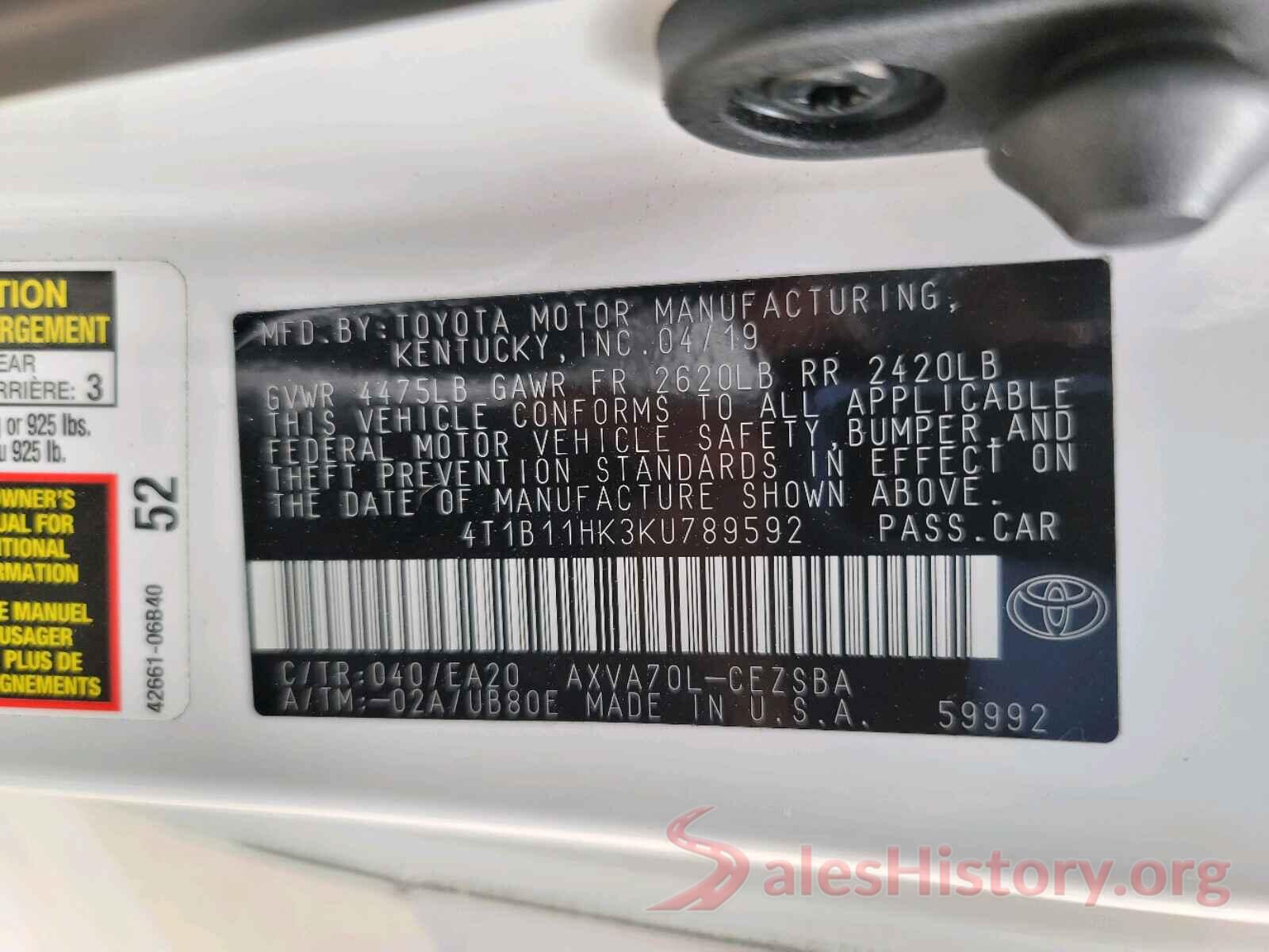 4T1B11HK3KU789592 2019 TOYOTA CAMRY