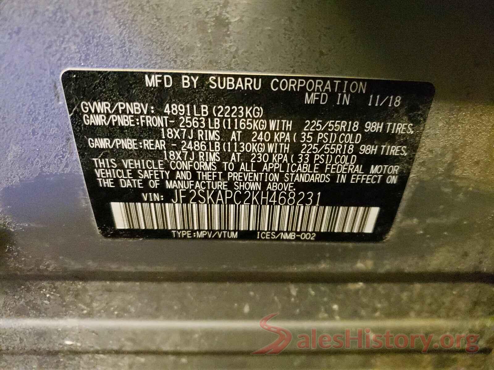 JF2SKAPC2KH468231 2019 SUBARU FORESTER