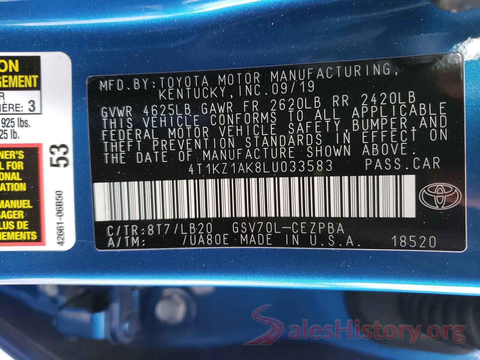 4T1KZ1AK8LU033583 2020 TOYOTA CAMRY