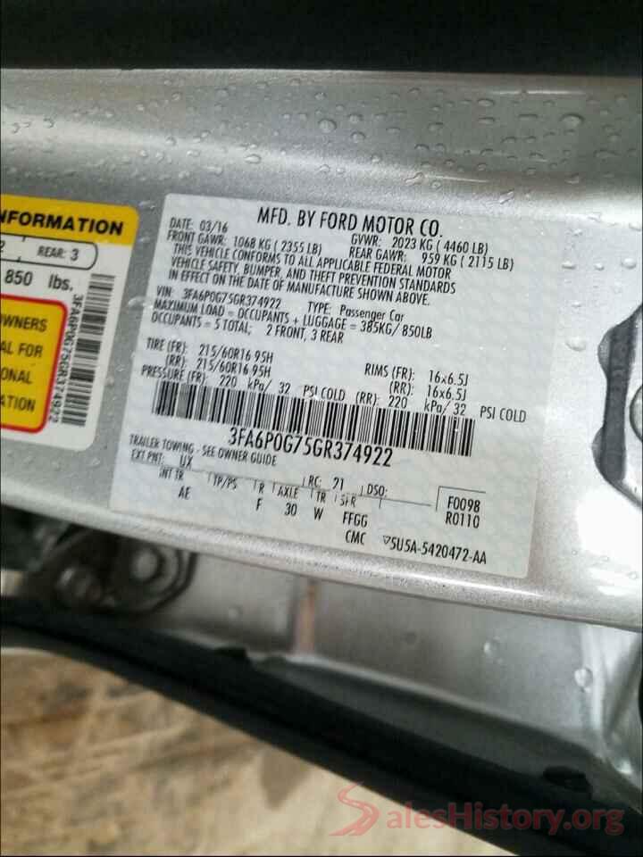 3FA6P0G75GR374922 2016 FORD FUSION