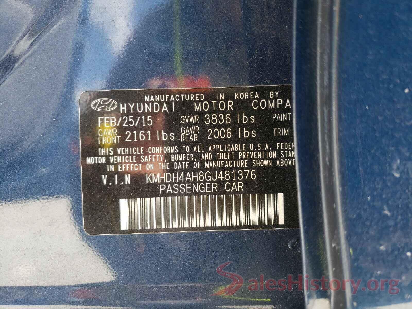 KMHDH4AH8GU481376 2016 HYUNDAI ELANTRA