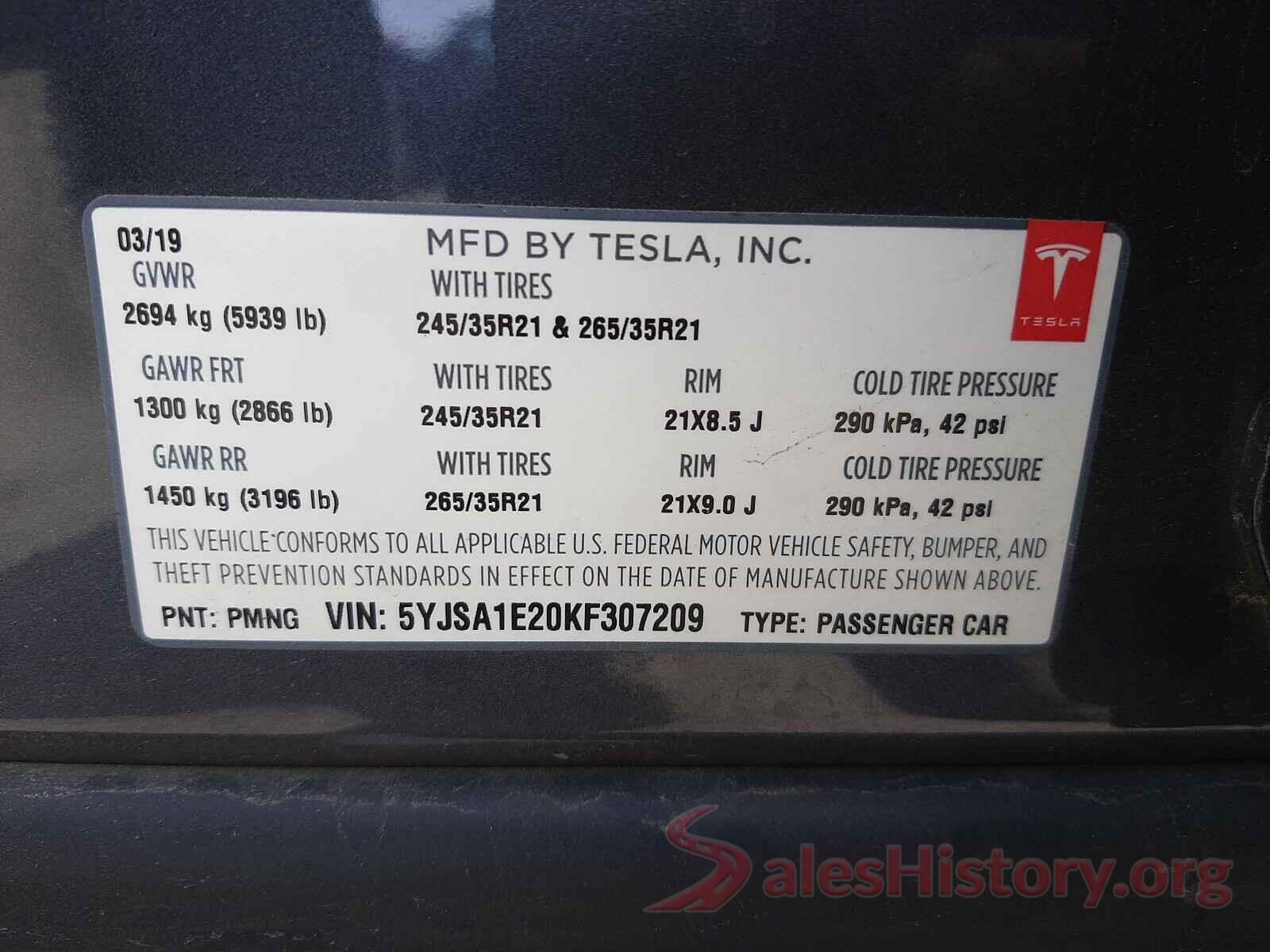 5YJSA1E20KF307209 2019 TESLA MODEL S