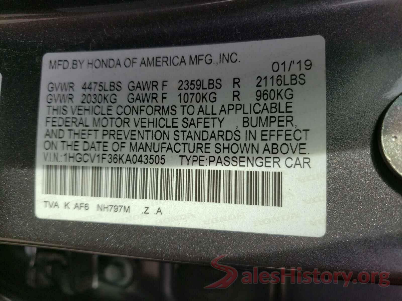 1HGCV1F36KA043505 2019 HONDA ACCORD