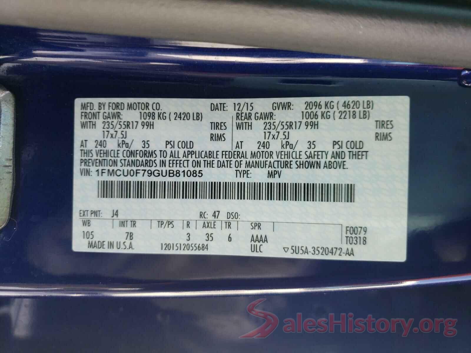 1FMCU0F79GUB81085 2016 FORD ESCAPE