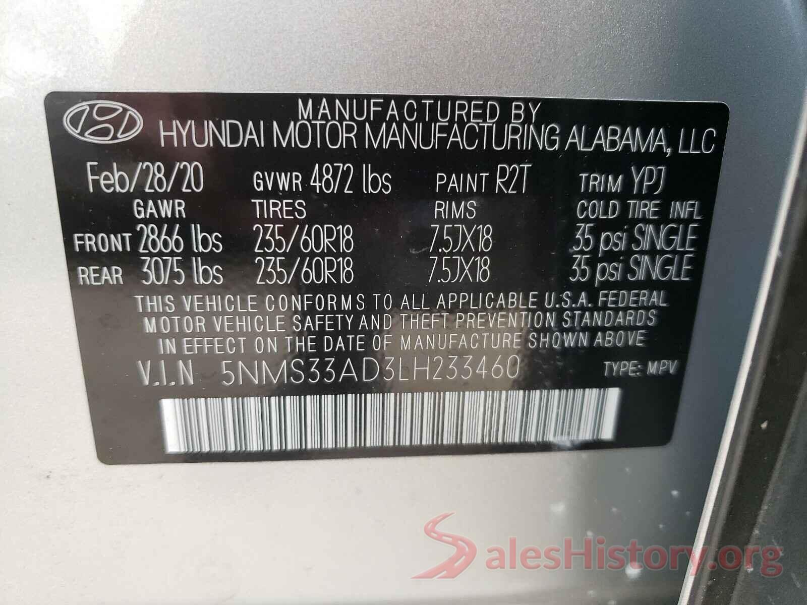 5NMS33AD3LH233460 2020 HYUNDAI SANTA FE