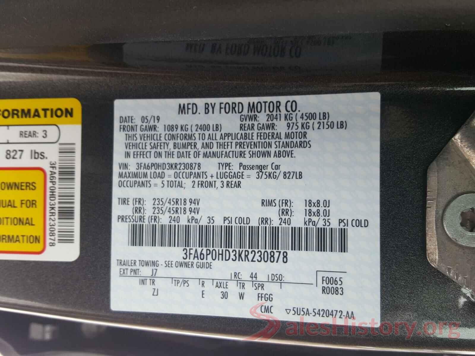 3FA6P0HD3KR230878 2019 FORD FUSION