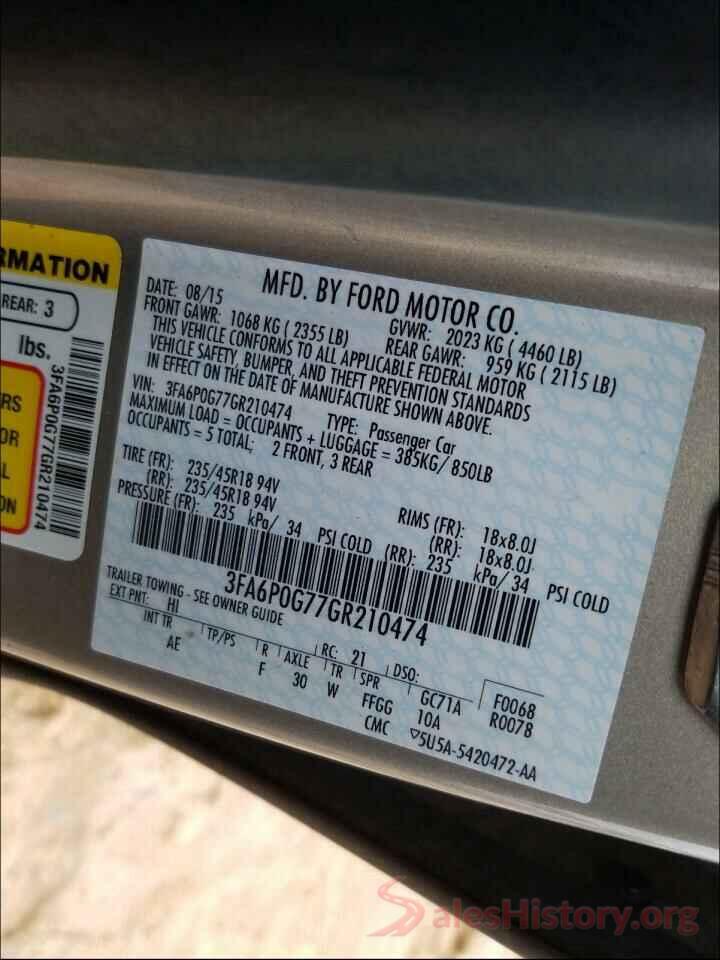 3FA6P0G77GR210474 2016 FORD FUSION