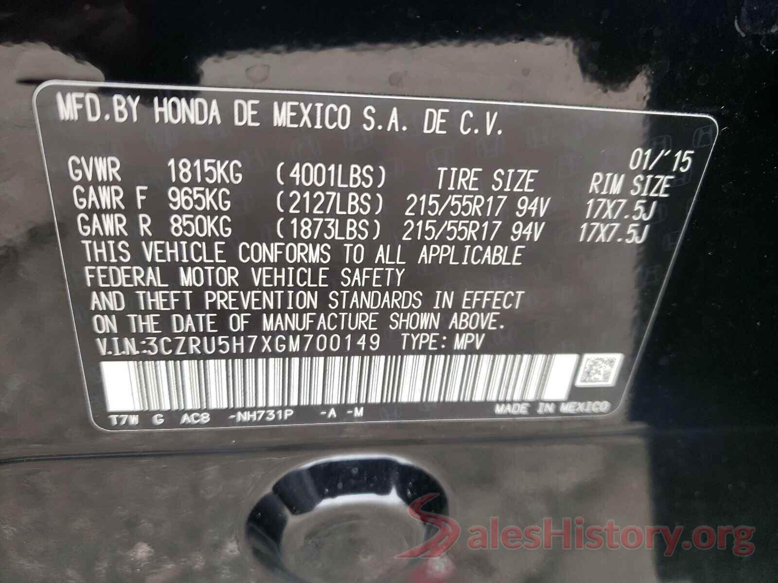 3CZRU5H7XGM700149 2016 HONDA HR-V