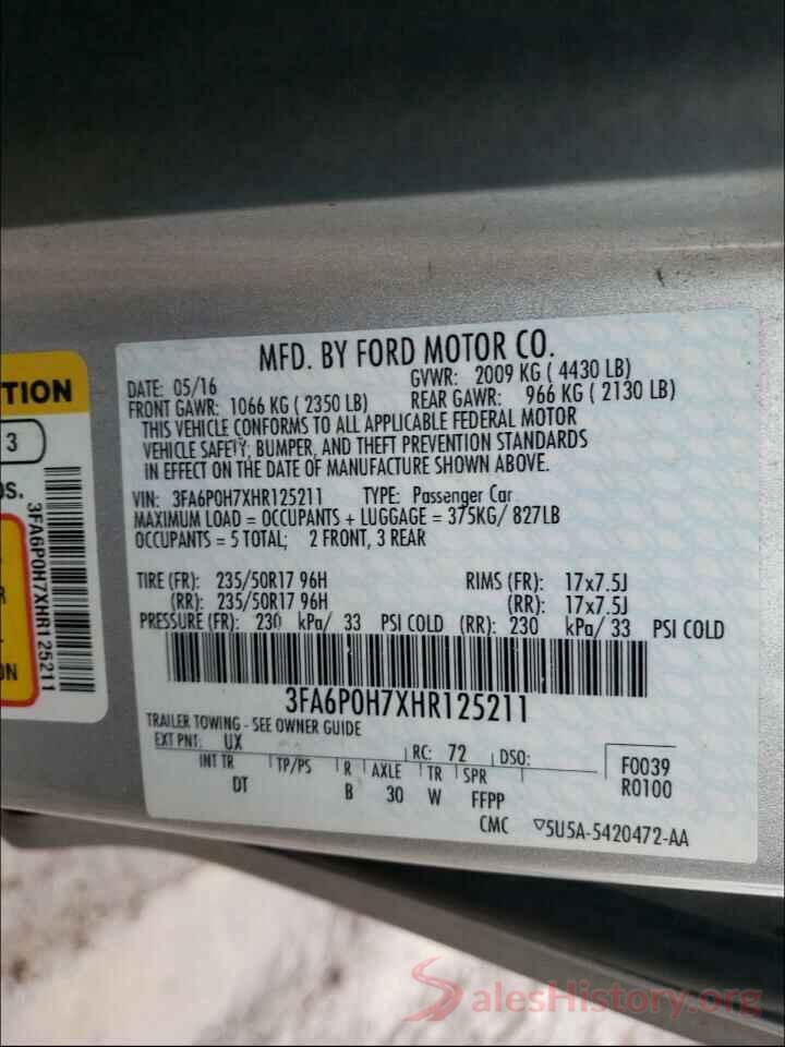 3FA6P0H7XHR125211 2017 FORD FUSION