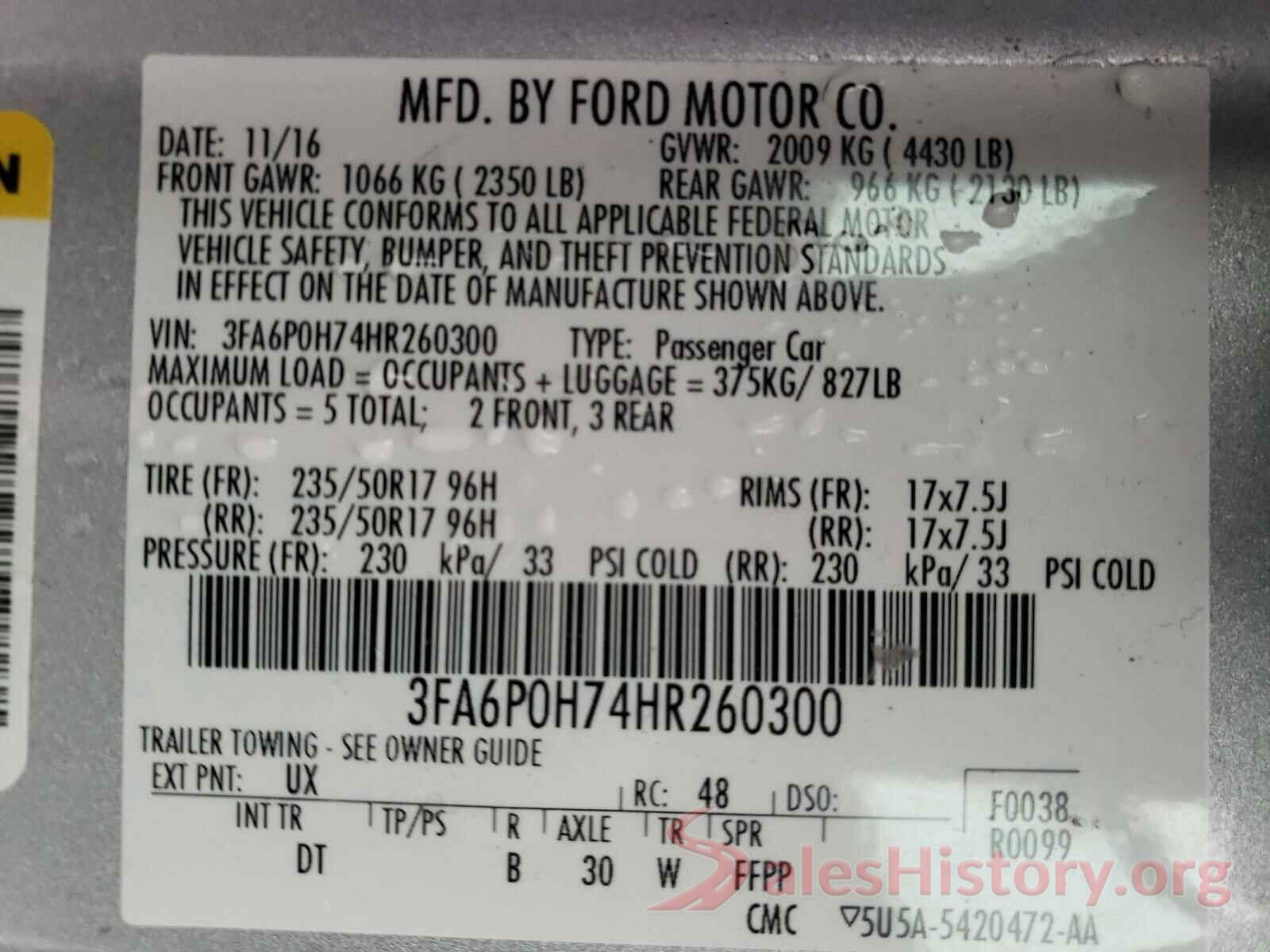 3FA6P0H74HR260300 2017 FORD FUSION