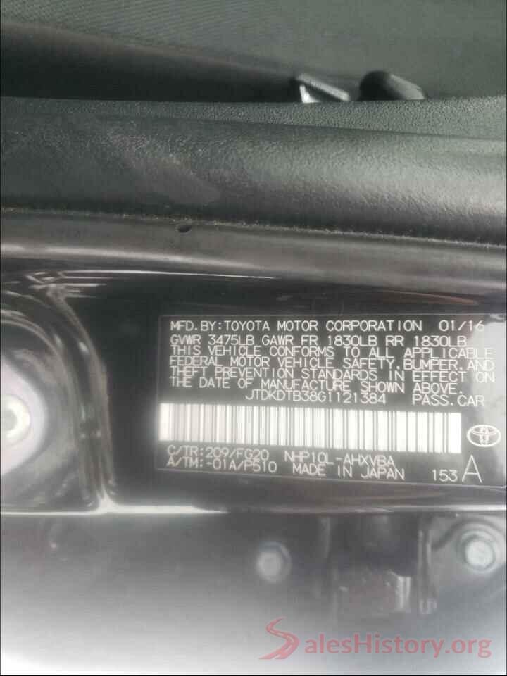 JTDKDTB38G1121384 2016 TOYOTA PRIUS