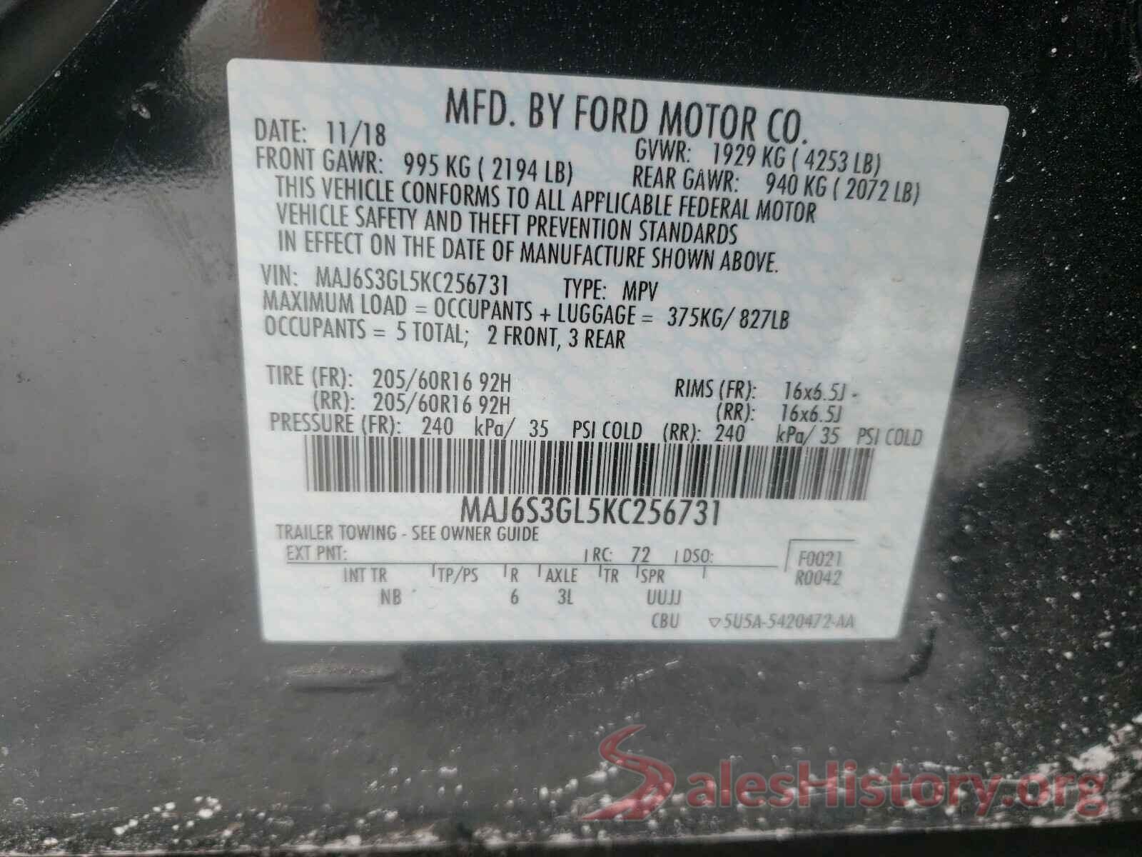 MAJ6S3GL5KC256731 2019 FORD ALL OTHER