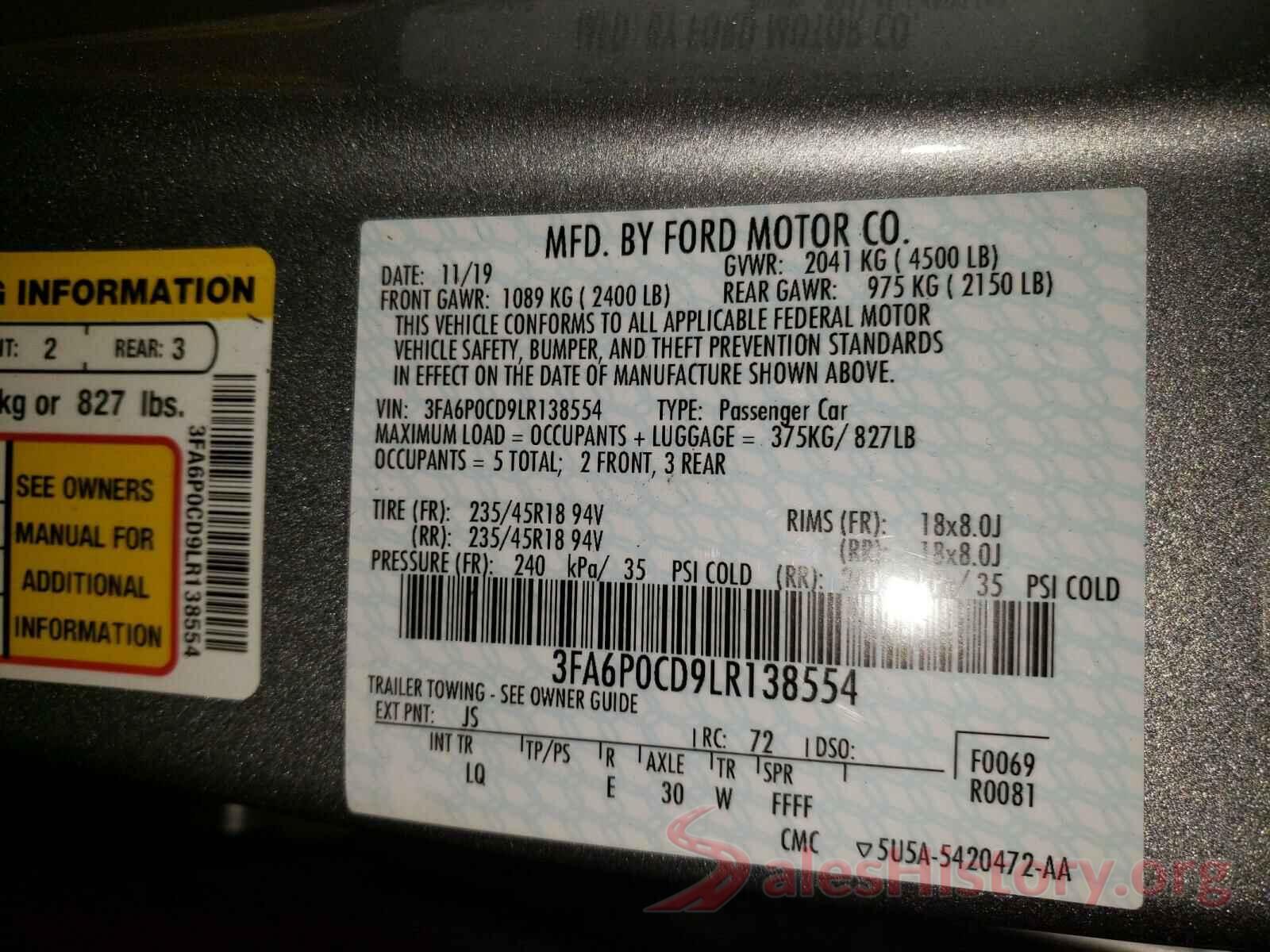 3FA6P0CD9LR138554 2020 FORD FUSION