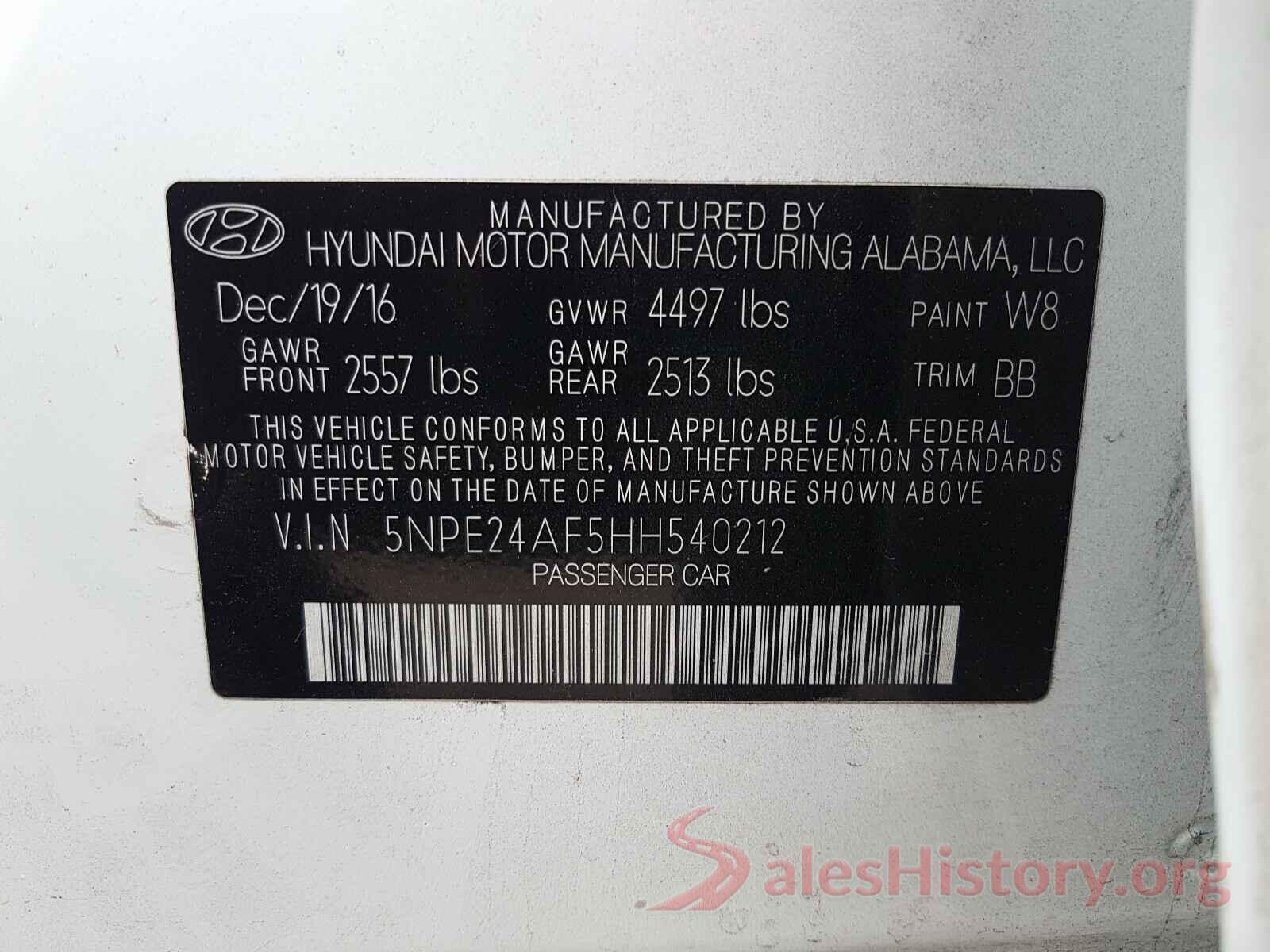 5NPE24AF5HH540212 2017 HYUNDAI SONATA