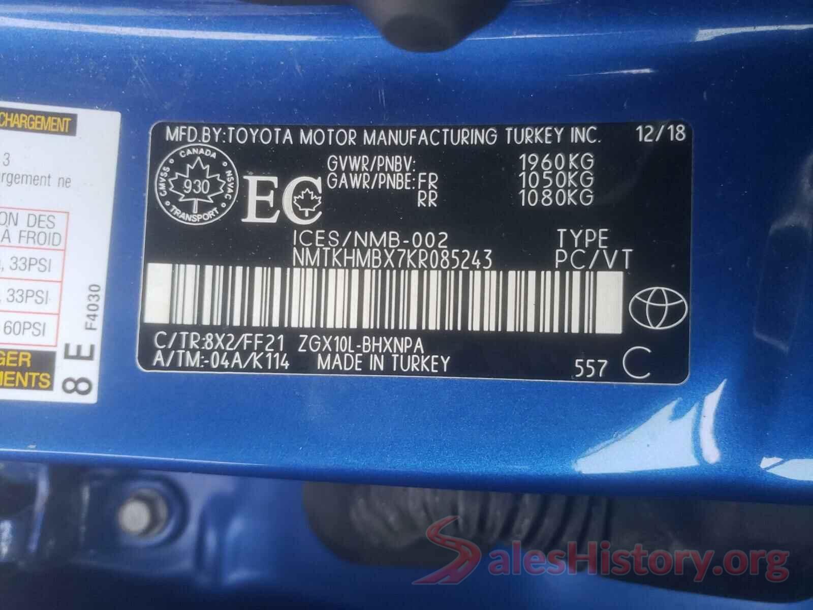 NMTKHMBX7KR085243 2019 TOYOTA C-HR