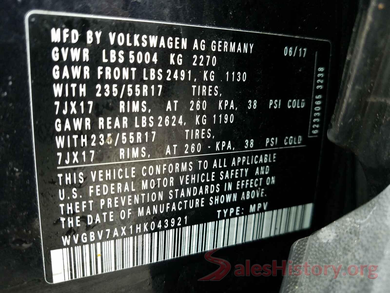 WVGBV7AX1HK043921 2017 VOLKSWAGEN TIGUAN