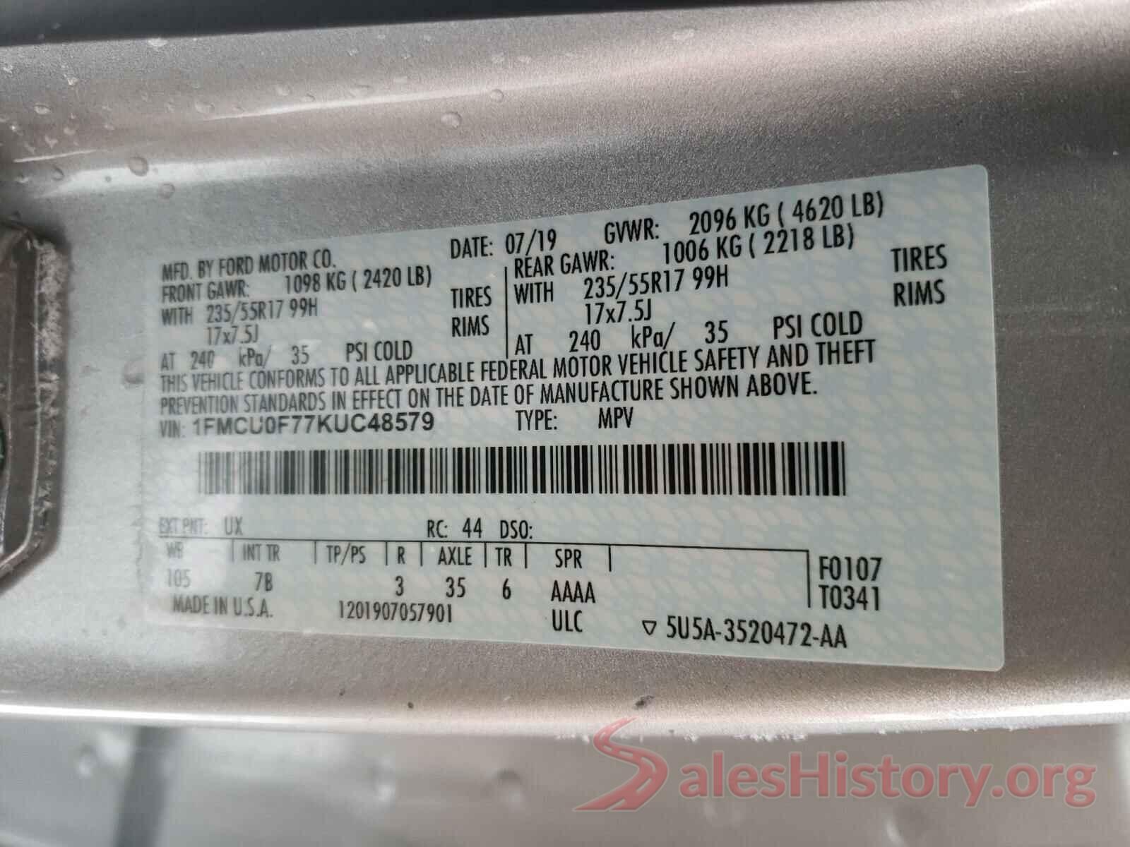 1FMCU0F77KUC48579 2019 FORD ESCAPE