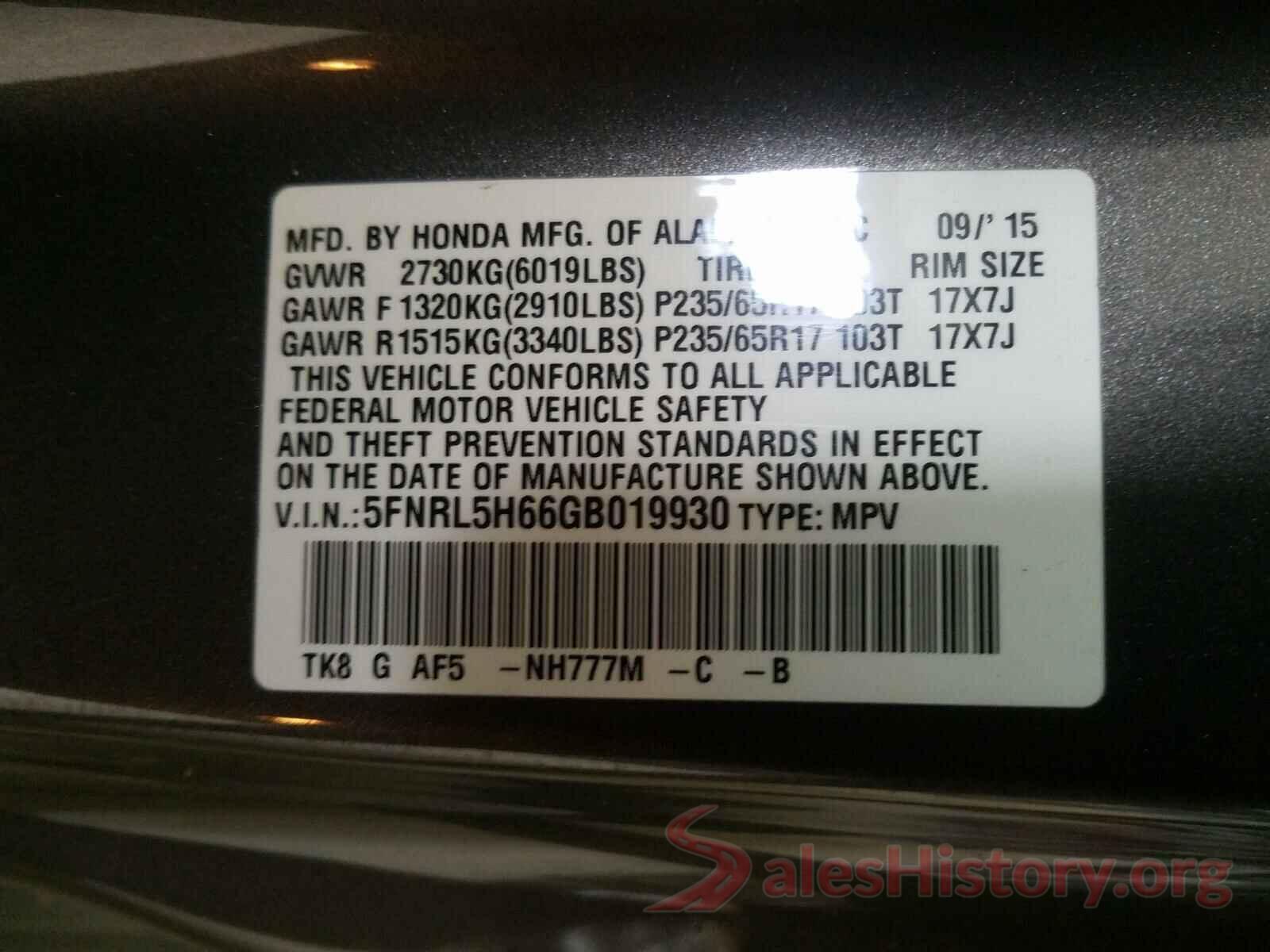 5FNRL5H66GB019930 2016 HONDA ODYSSEY