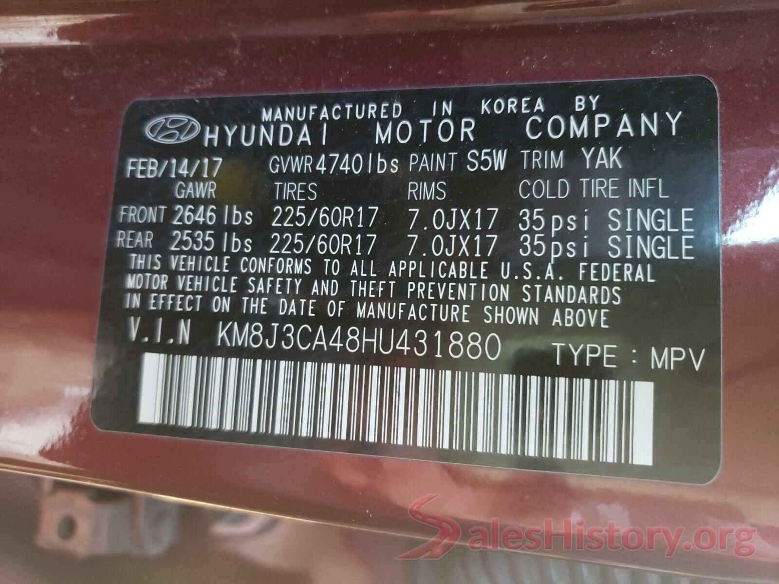 KM8J3CA48HU431880 2017 HYUNDAI TUCSON