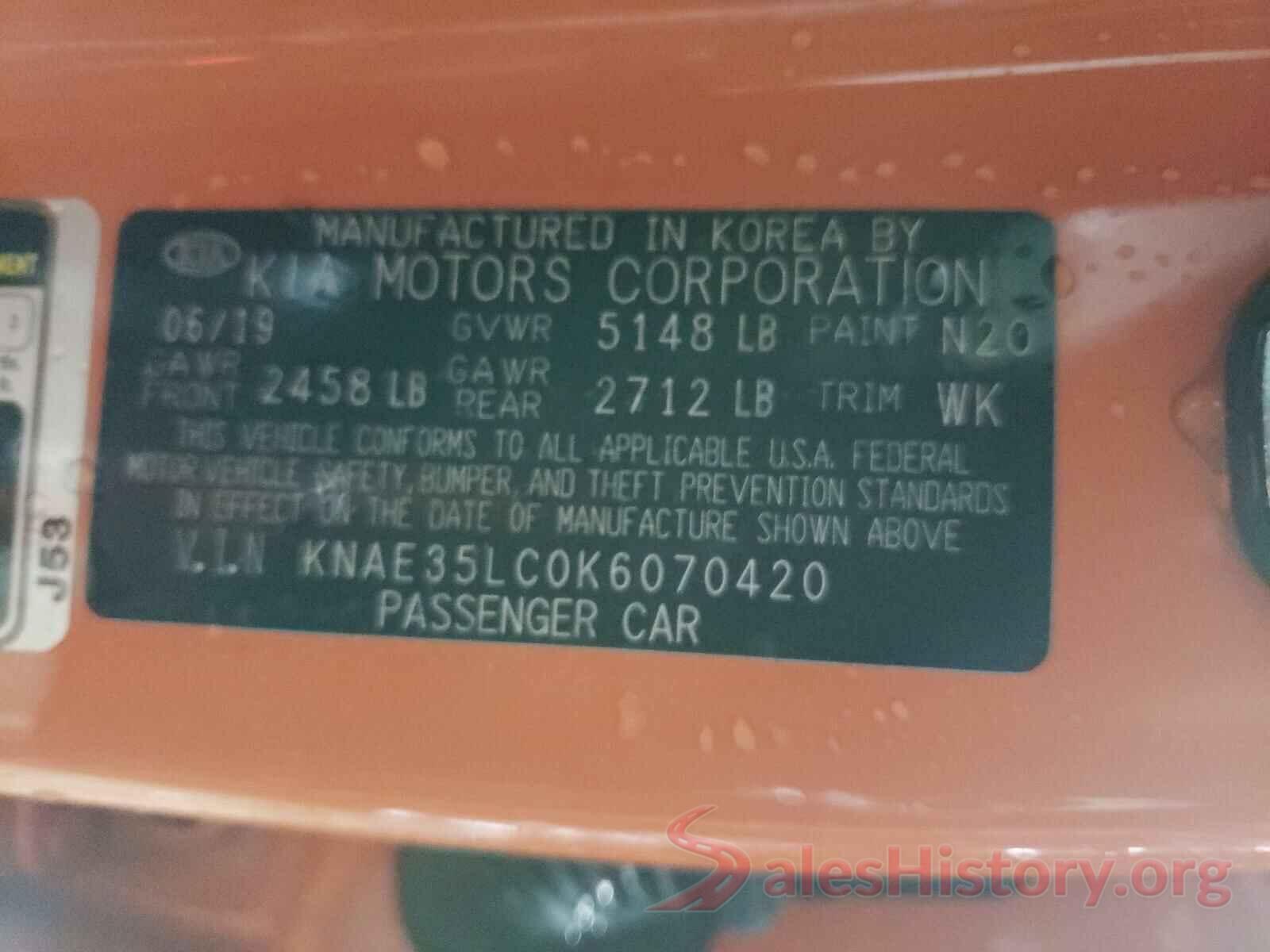 KNAE35LC0K6070420 2019 KIA STINGER