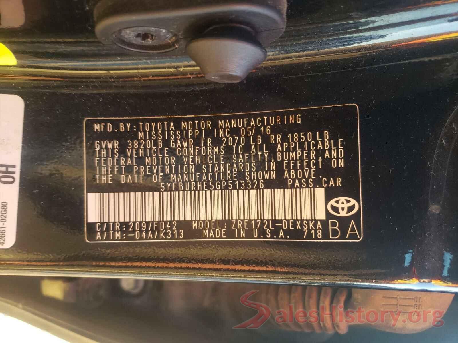 5YFBURHE5GP513326 2016 TOYOTA COROLLA