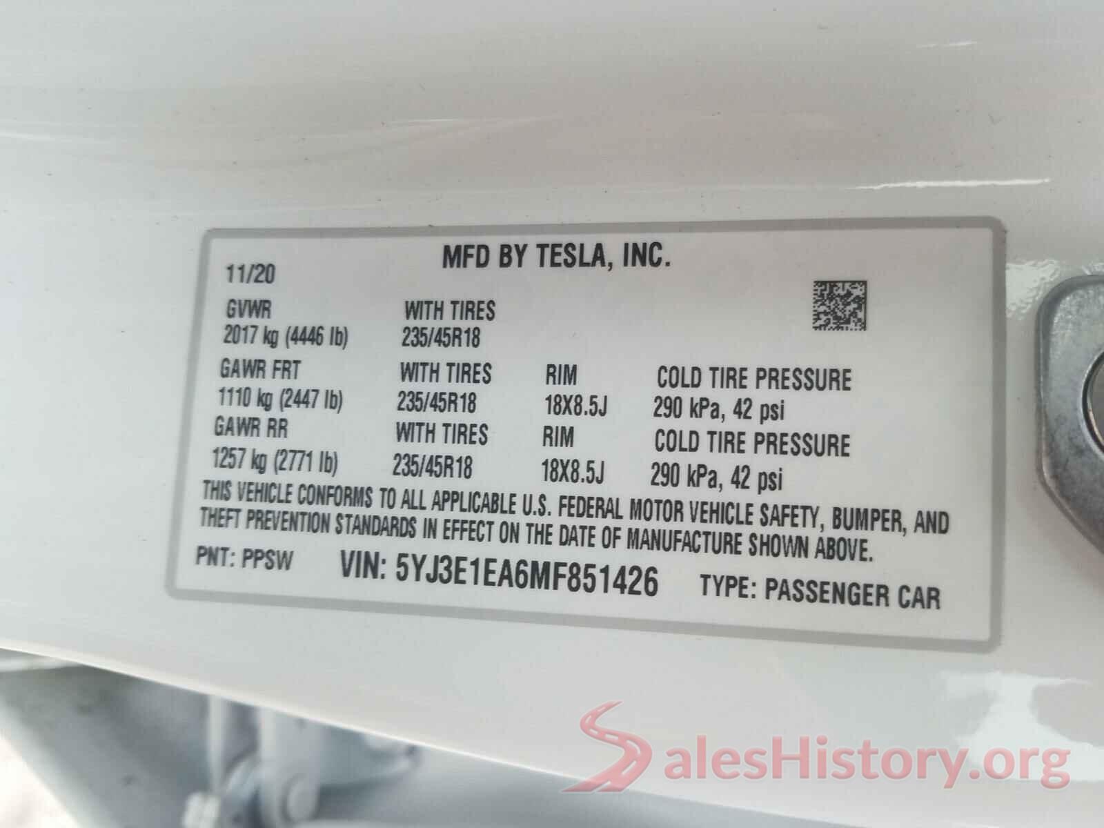 5YJ3E1EA6MF851426 2021 TESLA MODEL 3