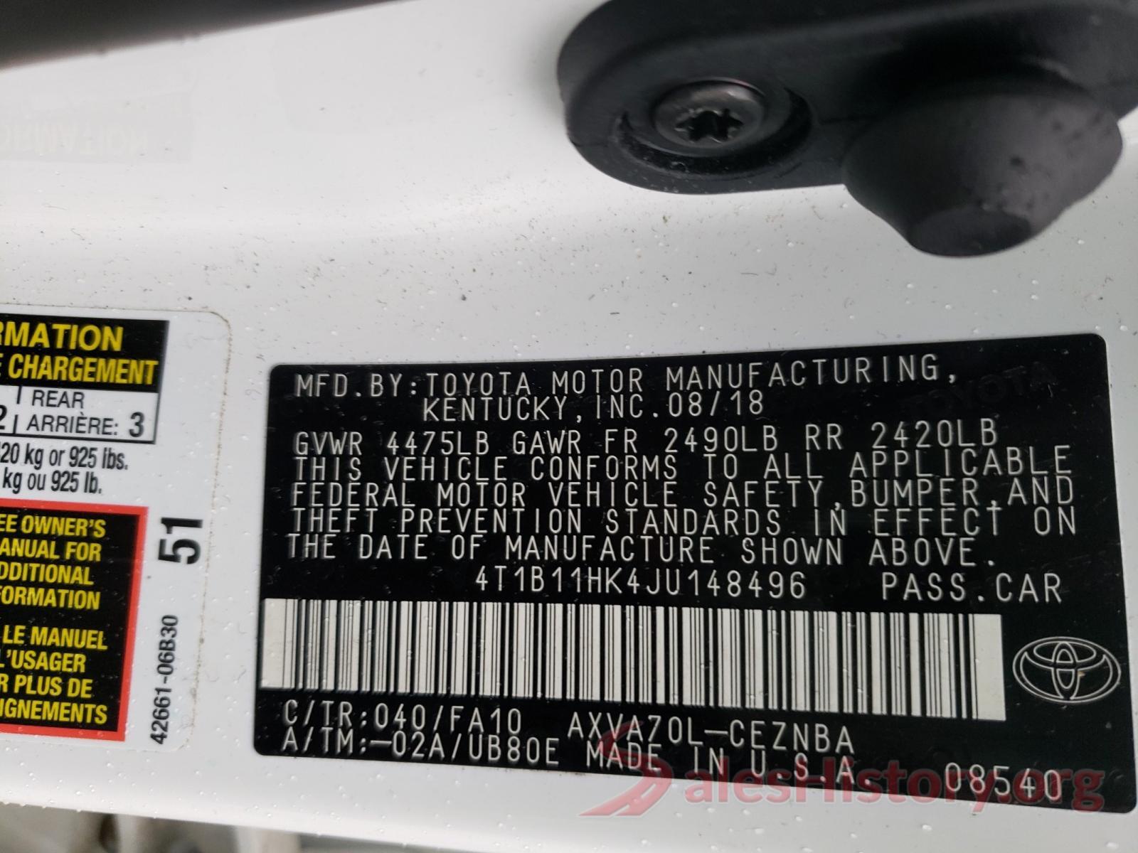 4T1B11HK4JU148496 2018 TOYOTA CAMRY