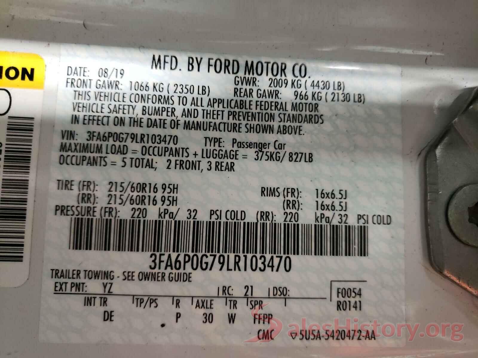 3FA6P0G79LR103470 2020 FORD FUSION