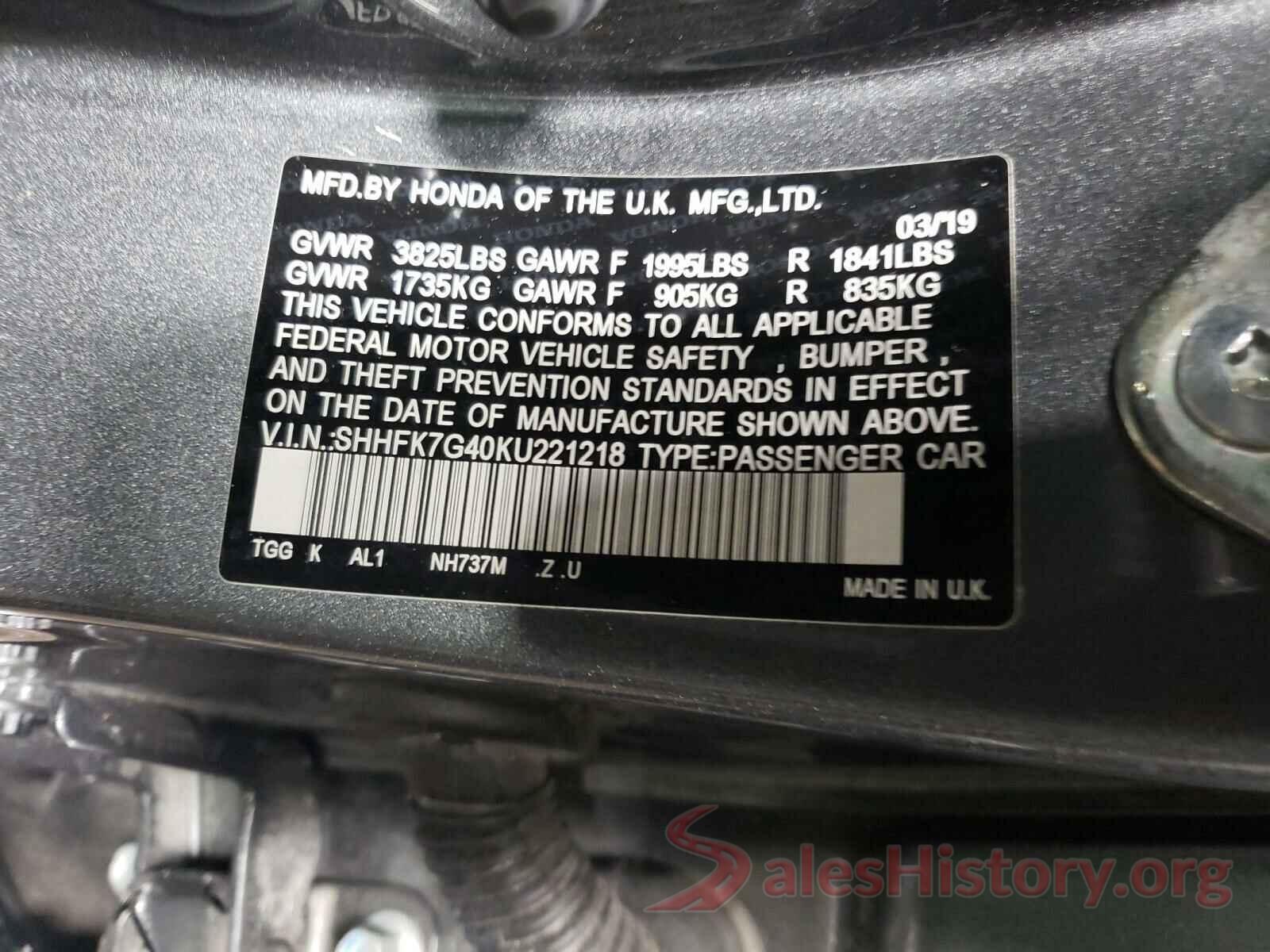 SHHFK7G40KU221218 2019 HONDA CIVIC