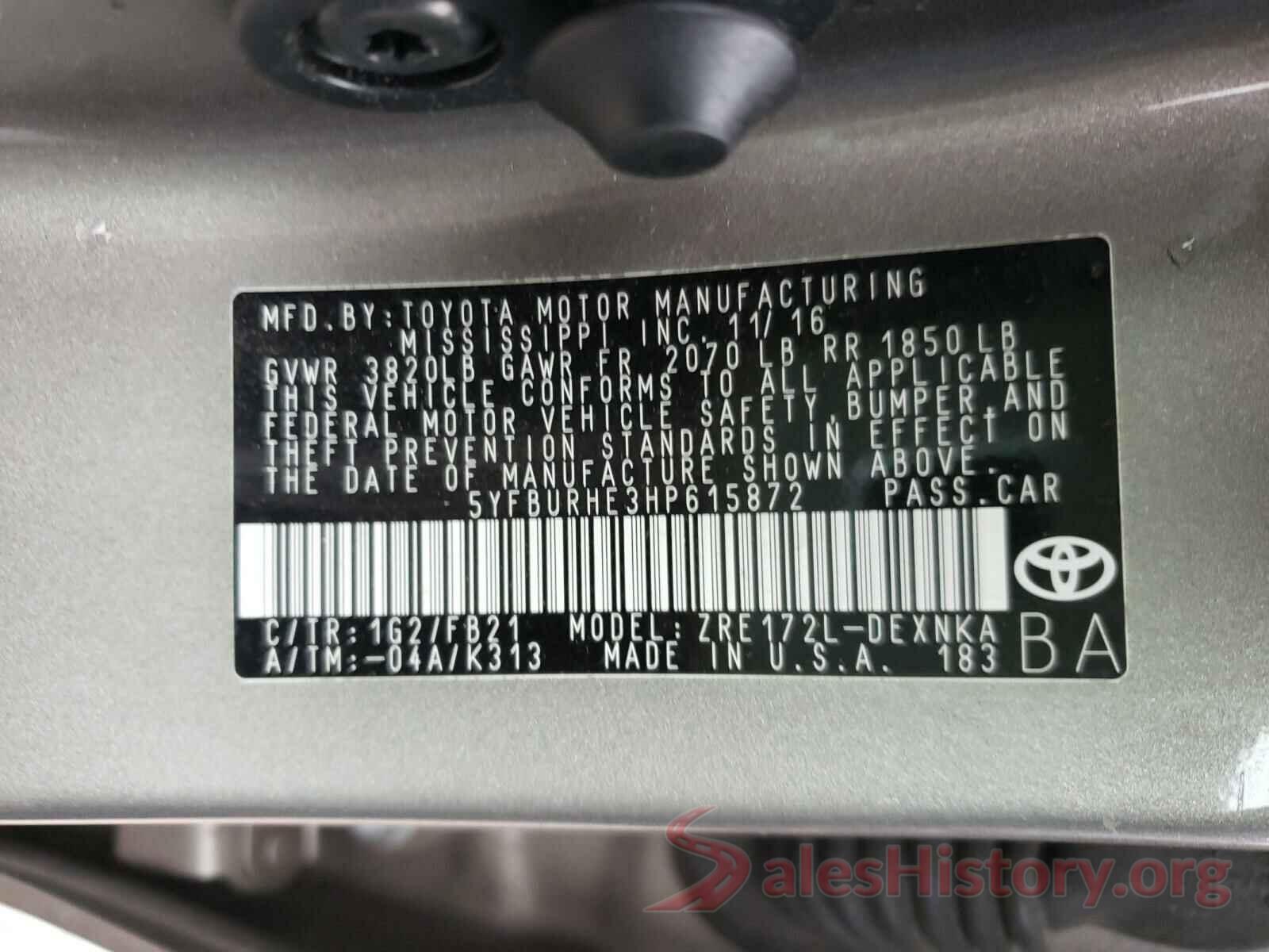 5YFBURHE3HP615872 2017 TOYOTA COROLLA