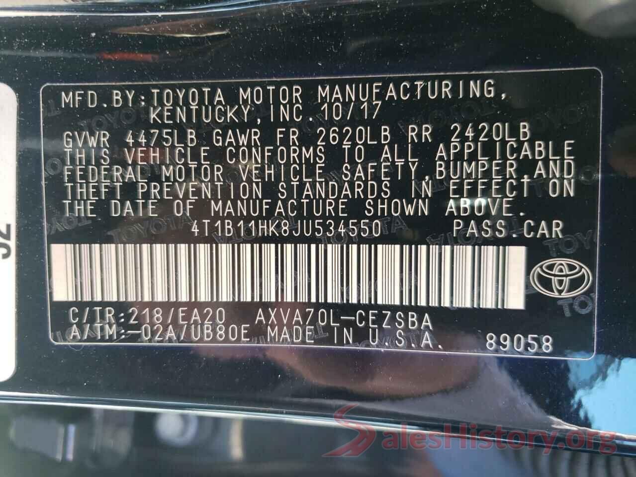 4T1B11HK8JU534550 2018 TOYOTA CAMRY