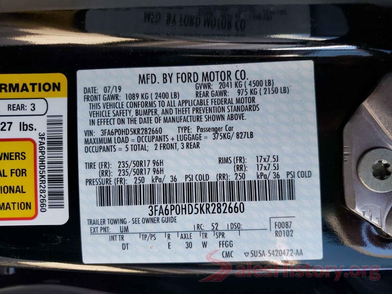 3FA6P0HD5KR282660 2019 FORD FUSION