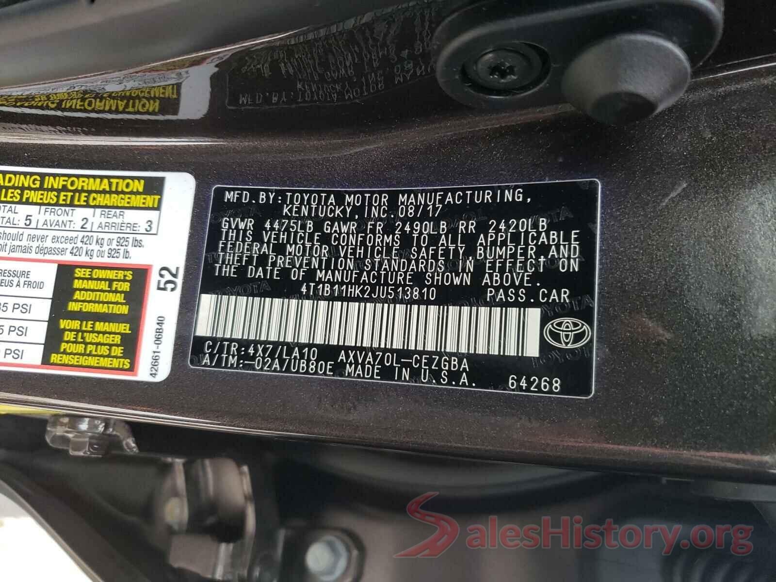 4T1B11HK2JU513810 2018 TOYOTA CAMRY