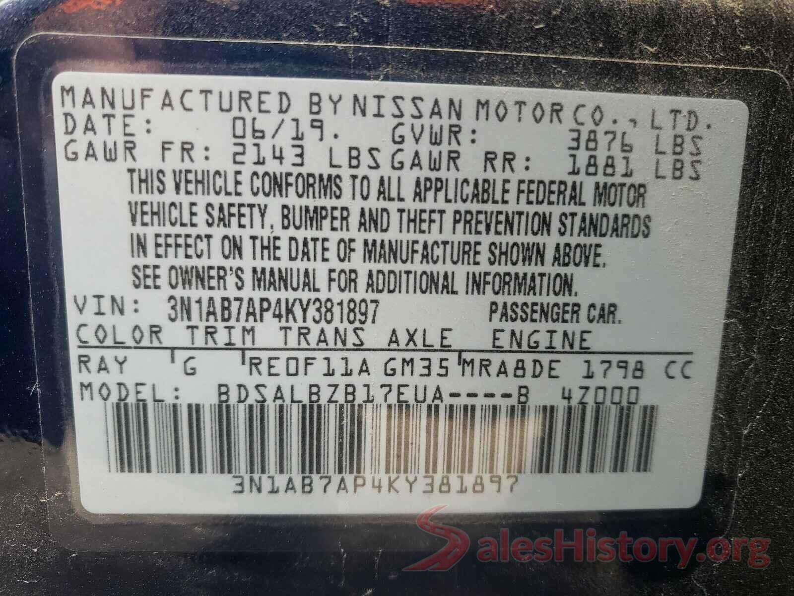 3N1AB7AP4KY381897 2019 NISSAN SENTRA