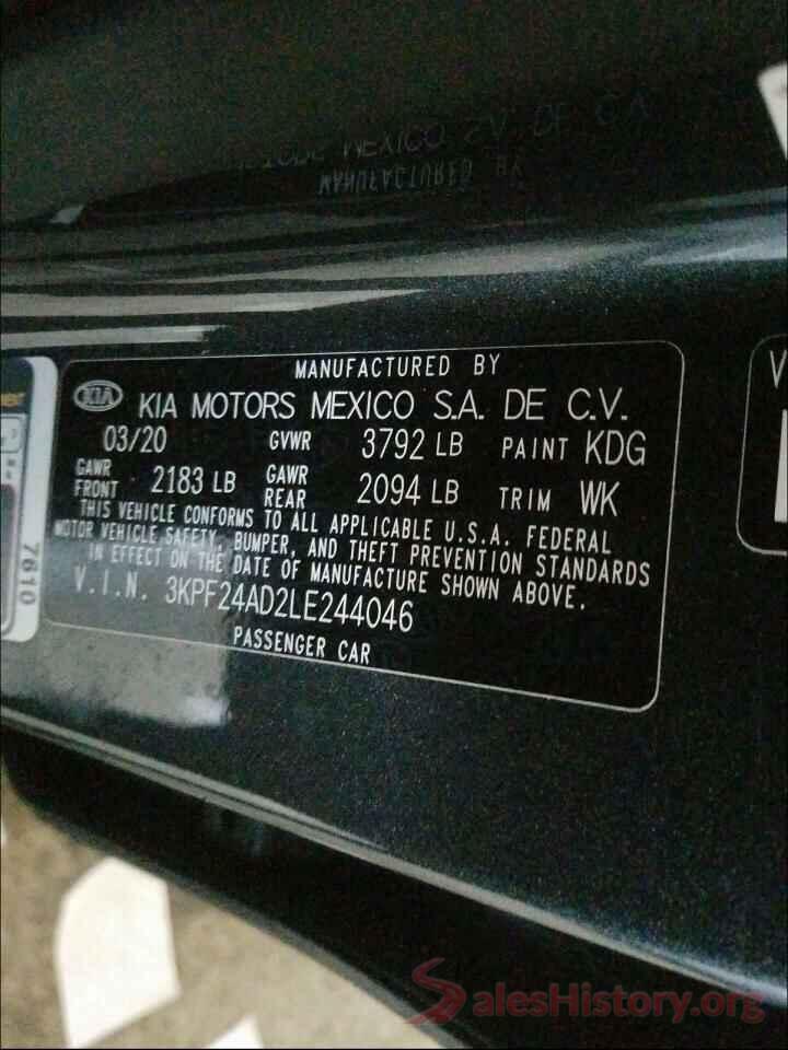 3KPF24AD2LE244046 2020 KIA FORTE