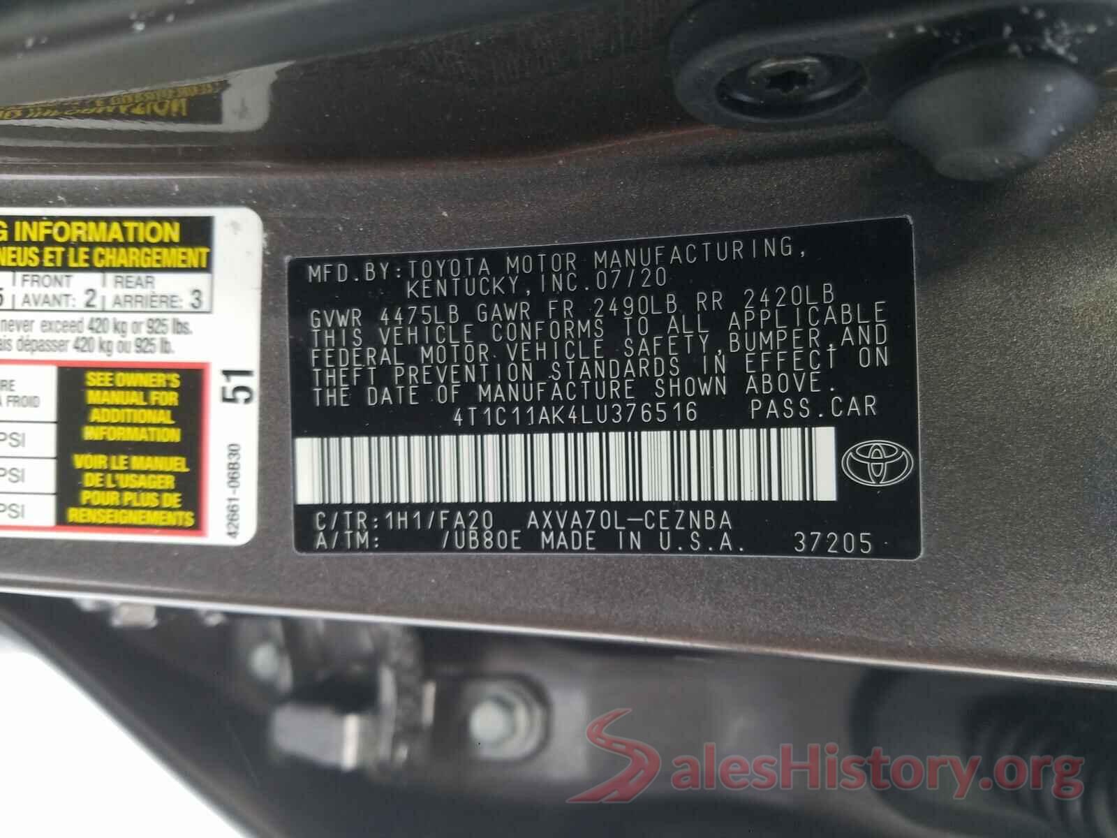 4T1C11AK4LU376516 2020 TOYOTA CAMRY