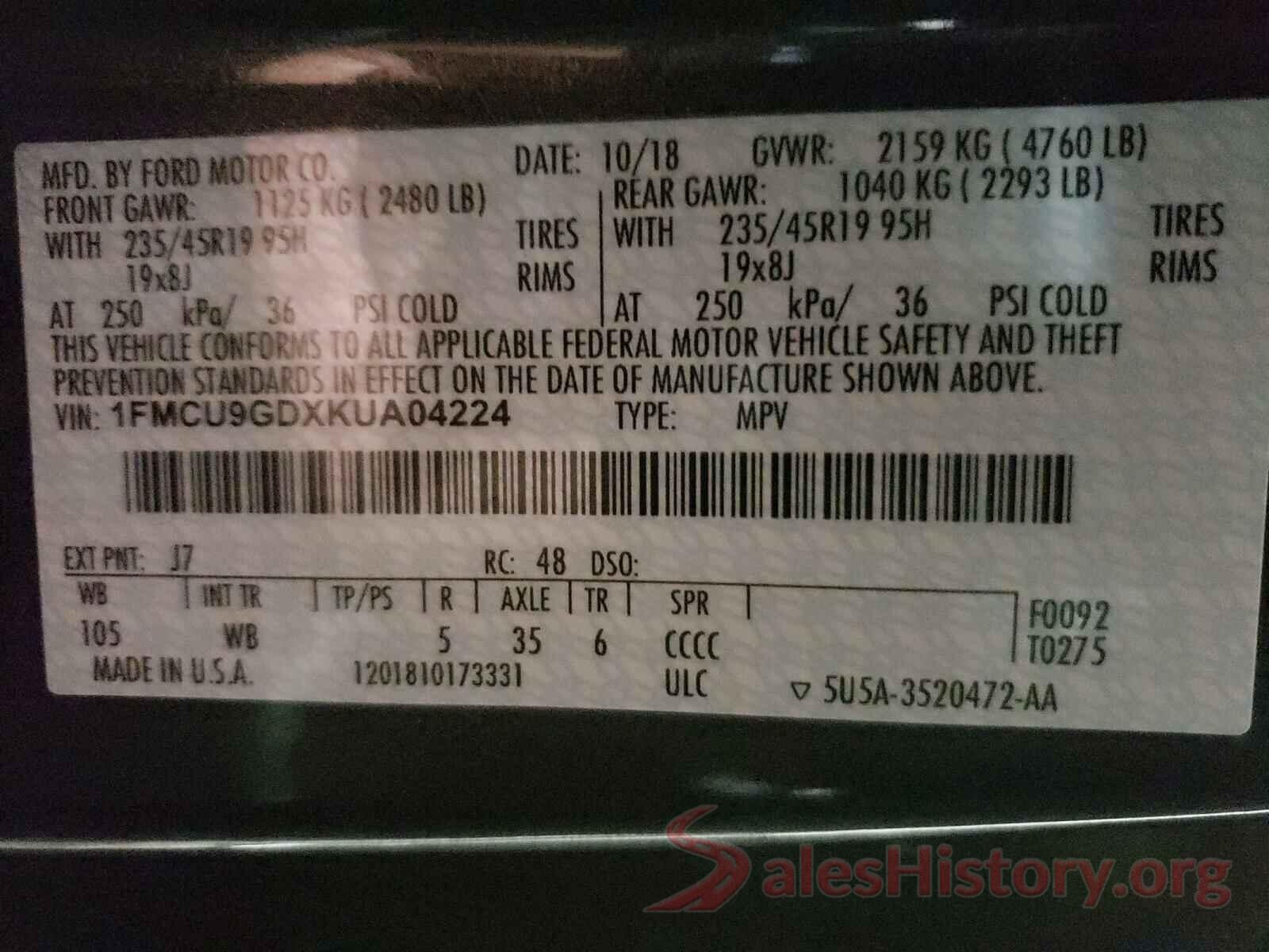 1FMCU9GDXKUA04224 2019 FORD ESCAPE