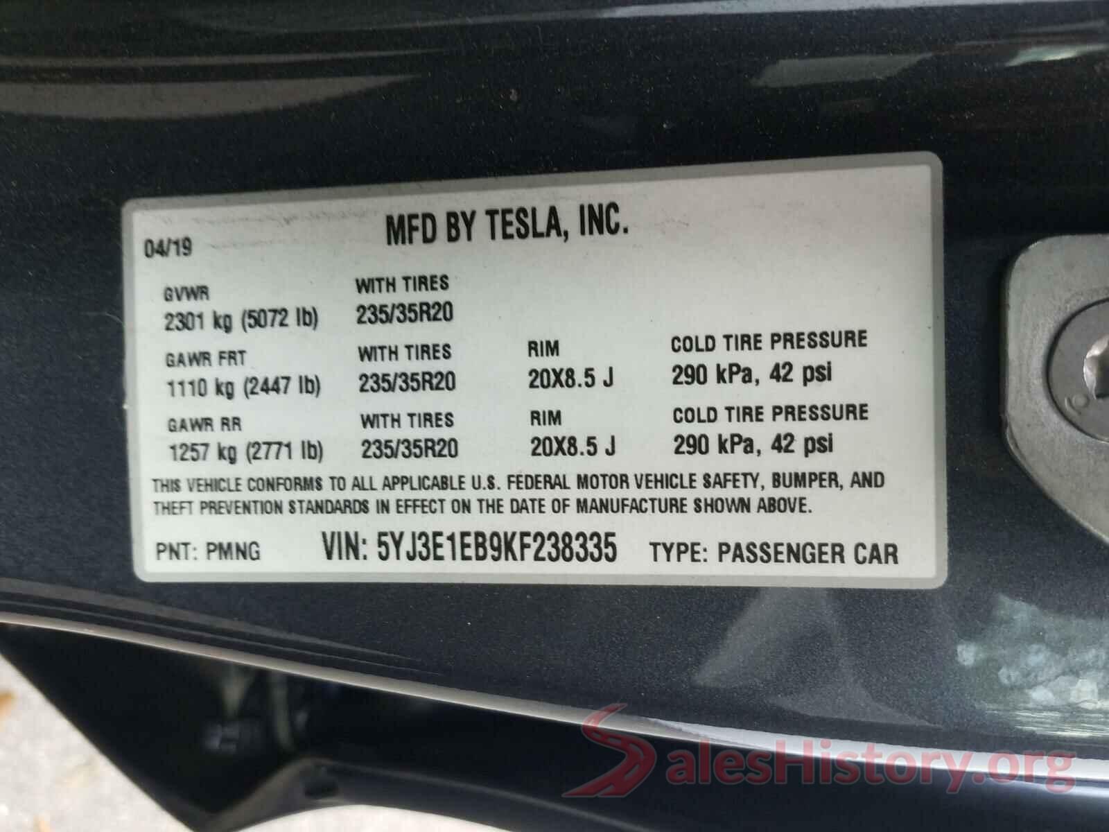 5YJ3E1EB9KF238335 2019 TESLA MODEL 3