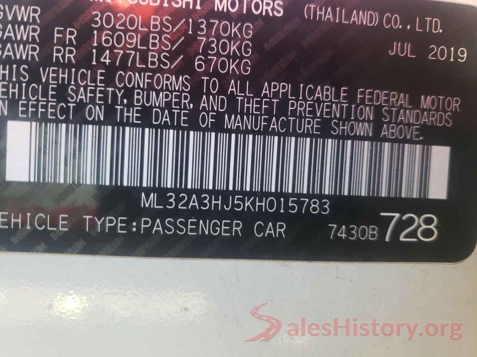 ML32A3HJ5KH015783 2019 MITSUBISHI MIRAGE