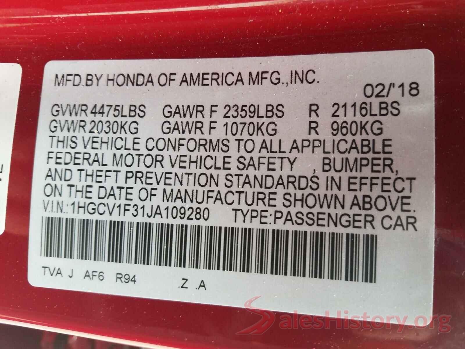 1HGCV1F31JA109280 2018 HONDA ACCORD