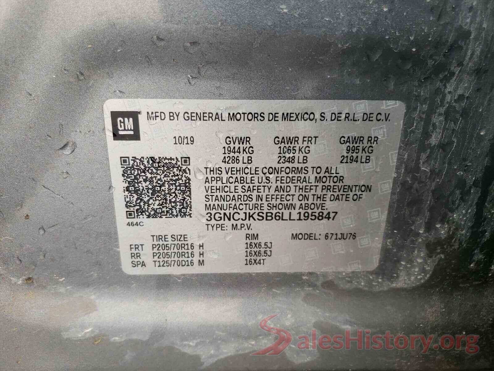 3GNCJKSB6LL195847 2020 CHEVROLET TRAX