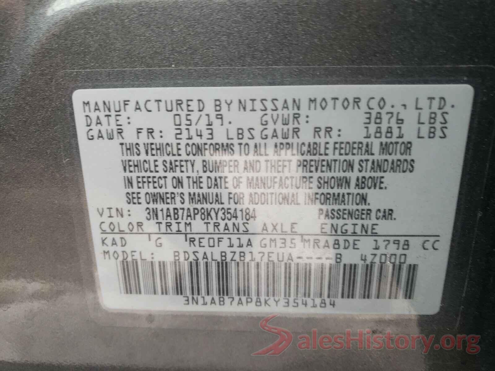 3N1AB7AP8KY354184 2019 NISSAN SENTRA